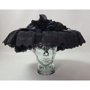 Whittall & Shon Black Straw Wide Brim Hat Lace Ruffles Satin Flower Sequins